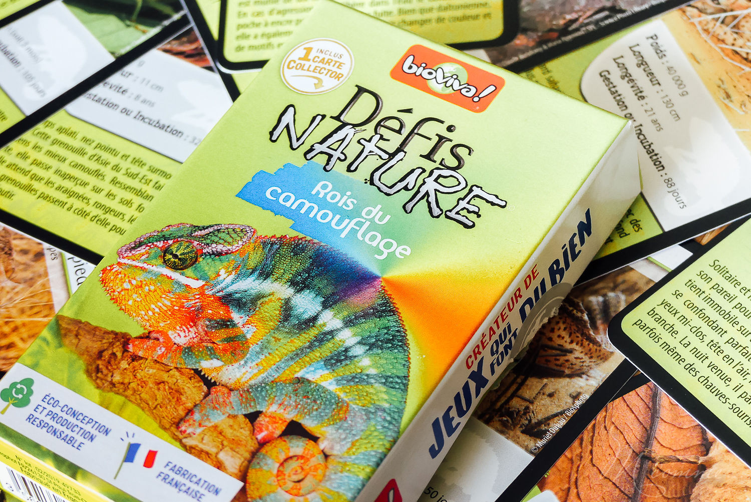 Défis nature de Bioviva est une collection de jeux de cartes qui s’apparente à un jeu de bataille. Educatif, ce jeu sensibilise les enfants aux animaux et à la beauté du monde en s’amusant. Découvrez les rois du camouflage, les dinosaures et l’espace. #curiosité #bioviva #jeu #apprentissage #nature #animaux #decouverte #sensibilisation #jeudesociete #jeudesocieteenfants #jeudecartes #jeudecartesenfants jeu défis nature les rois du camouflage bioviva