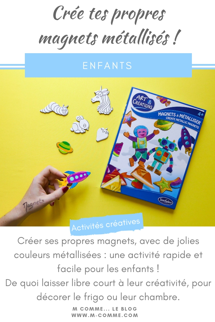 Créer ses propres magnets, avec de jolies couleurs métallisées : une activité créative rapide et facile pour les enfants par Sentosphère ! De quoi laisser libre court à leur créativité, pour décorer le frigo ou leur chambre. #magnets #frigo #activiteenfants #activitecreative #loisirscreatifs #papiercolore #sentosphere  magnets métallisés Sentosphère
